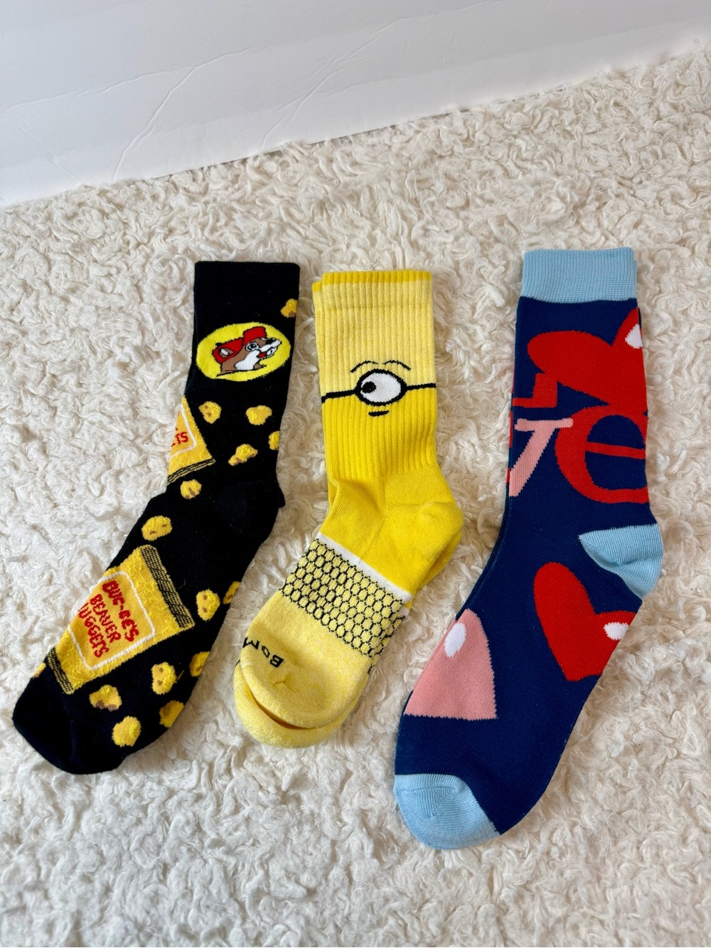 Novelty Women's Crew Socks - Yellow Minion, Black Popcorn, Blue Love Designs